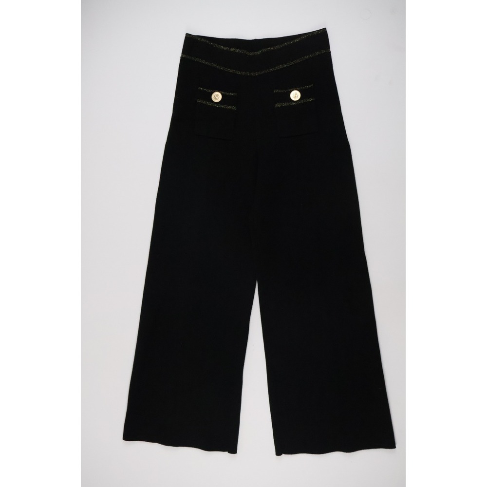 L'AGENCE Knit Pants Wide Leg Metallic Button Black Gold XS